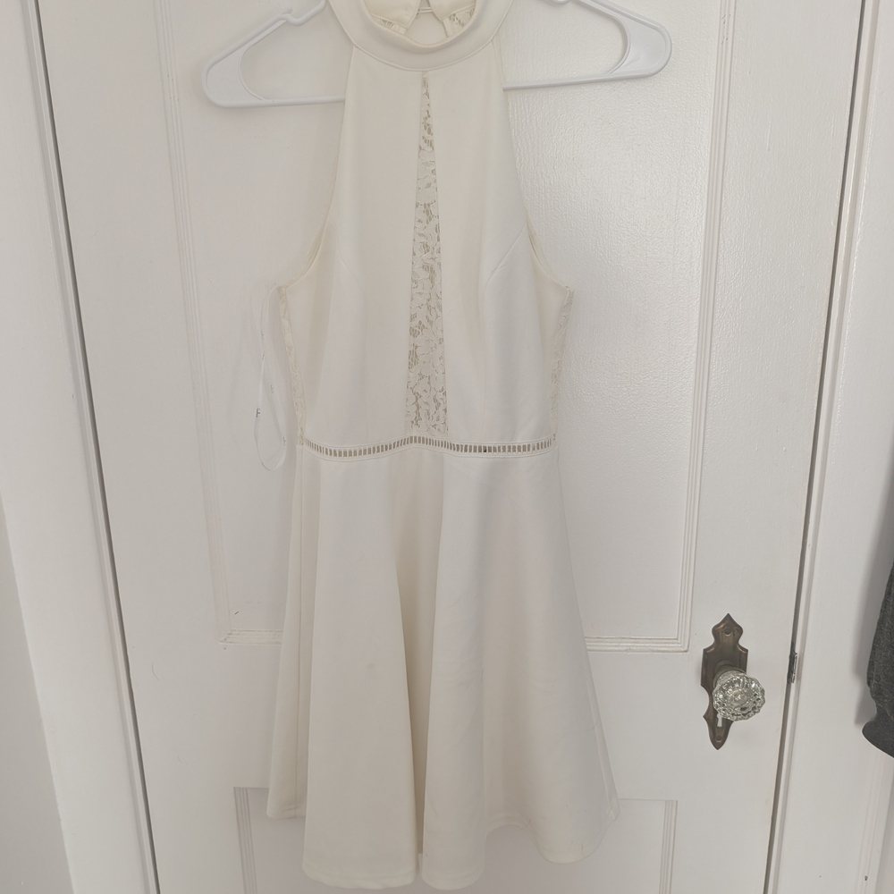 Lulu's Cream Halter Lace-Panel Fit-and-Flare Dress